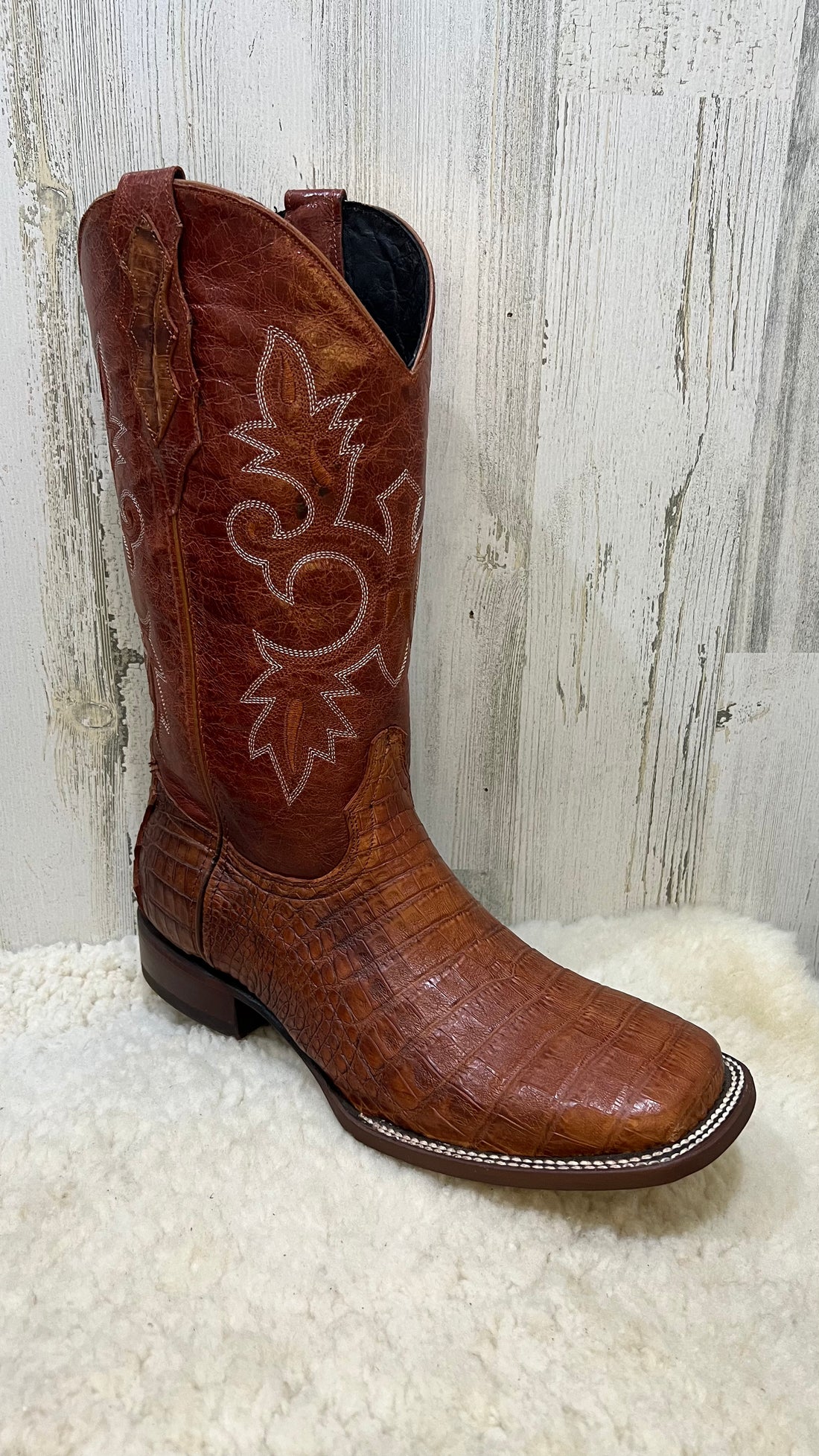 JW Brandy Caiman Belly Wide Square Toe Exotic Cowboy Boots