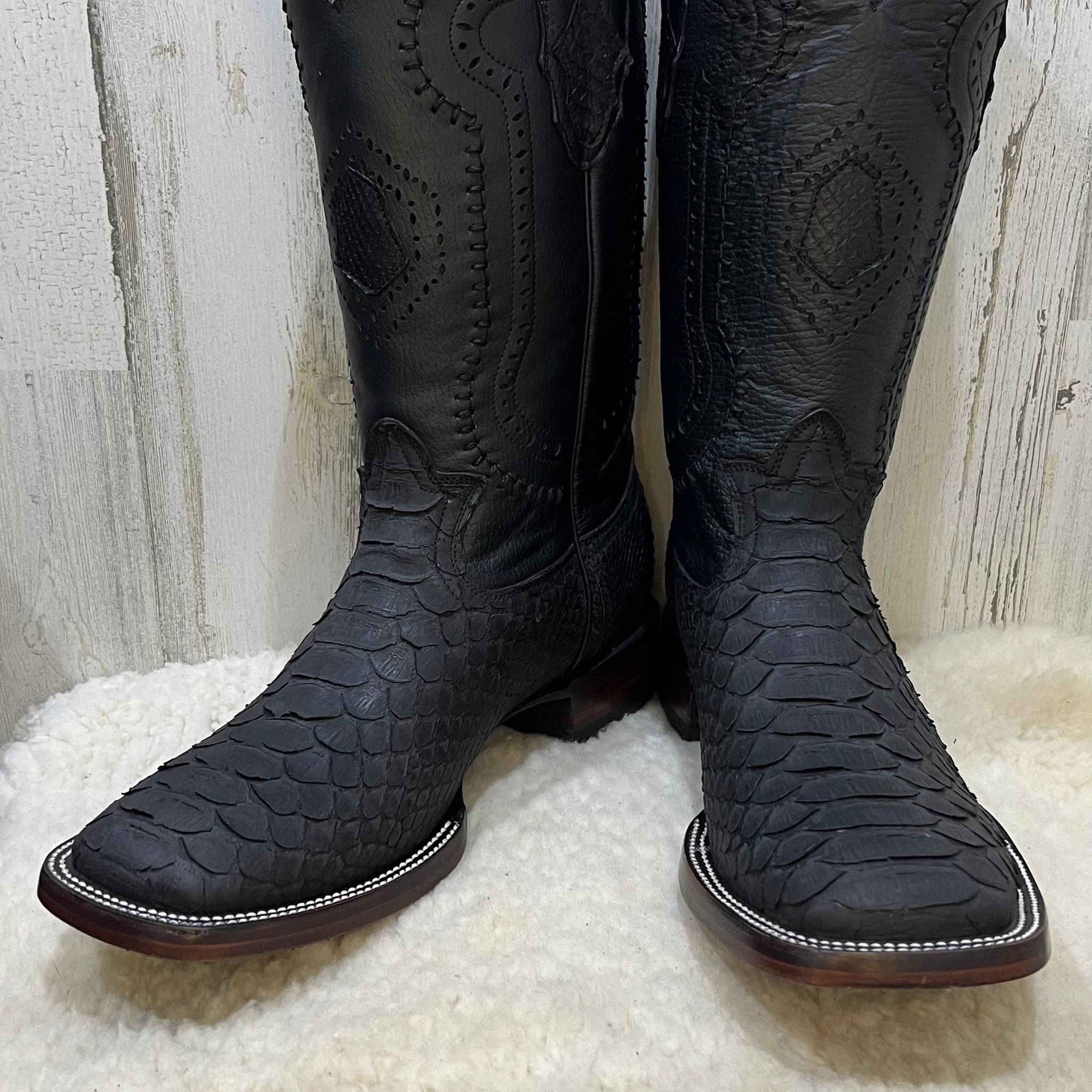 Botas de vaquero exóticas con punta cuadrada de piel de pitón negra de Texas VIP