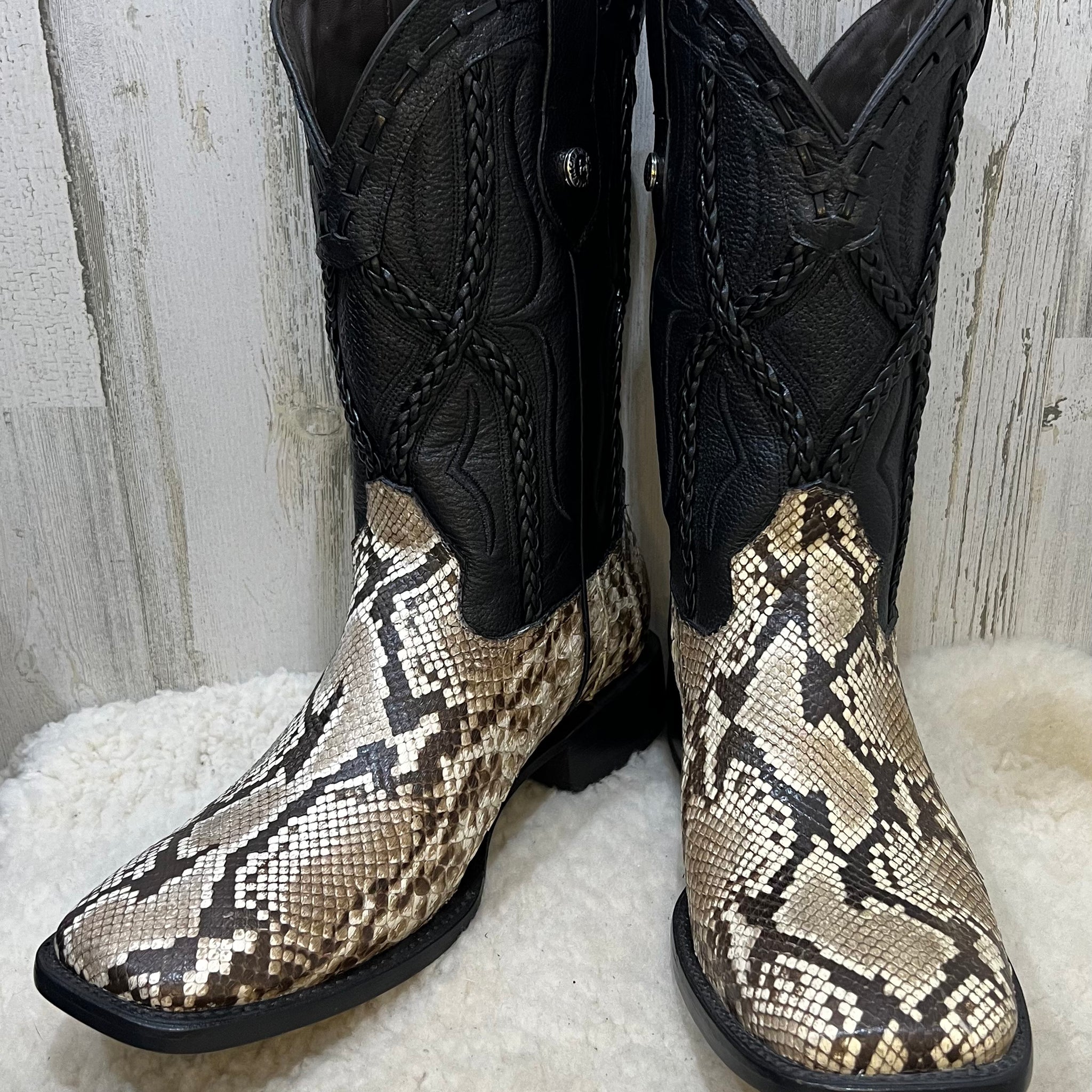 CB Handmade Brown Python Back Wide Square Toe Exotic Cowboy Boots