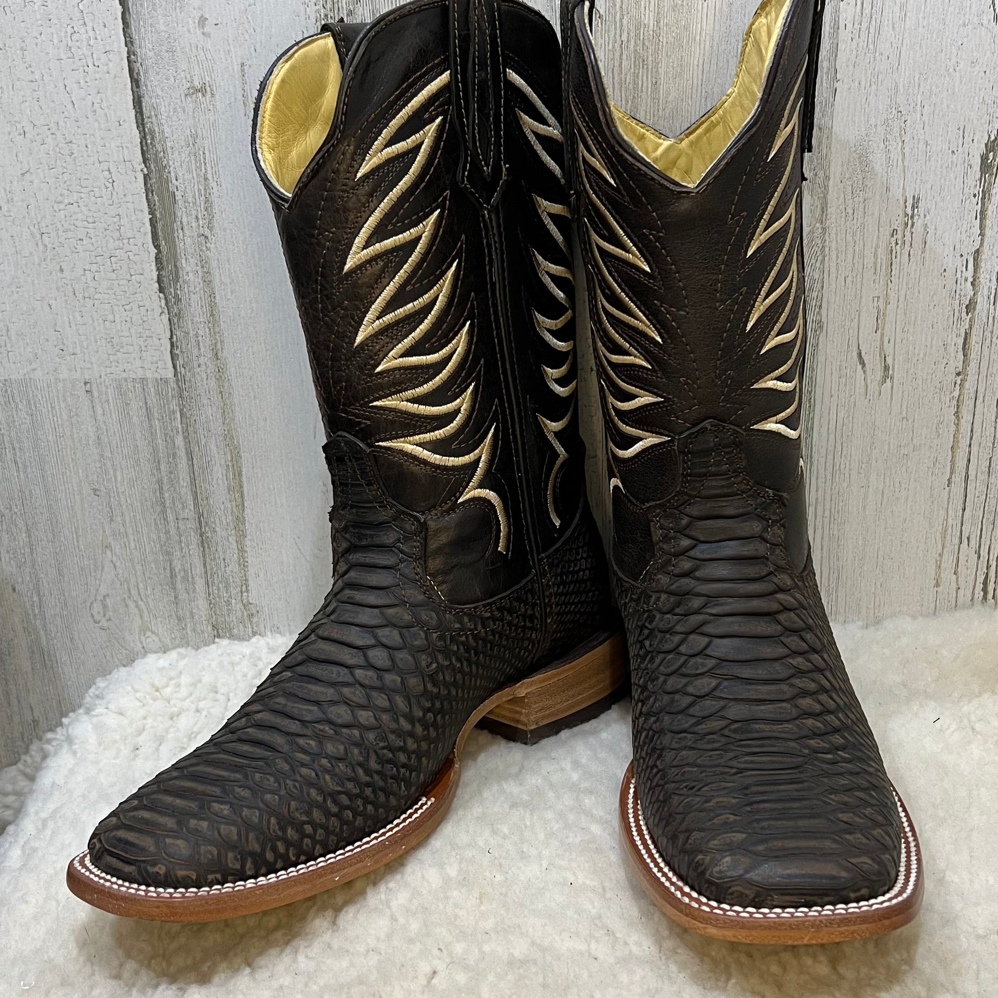 MON Dark Brown Python Bulldog Toe Print Cowboy Boots