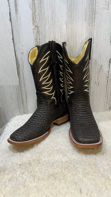 MON Dark Brown Python Bulldog Toe Print Cowboy Boots