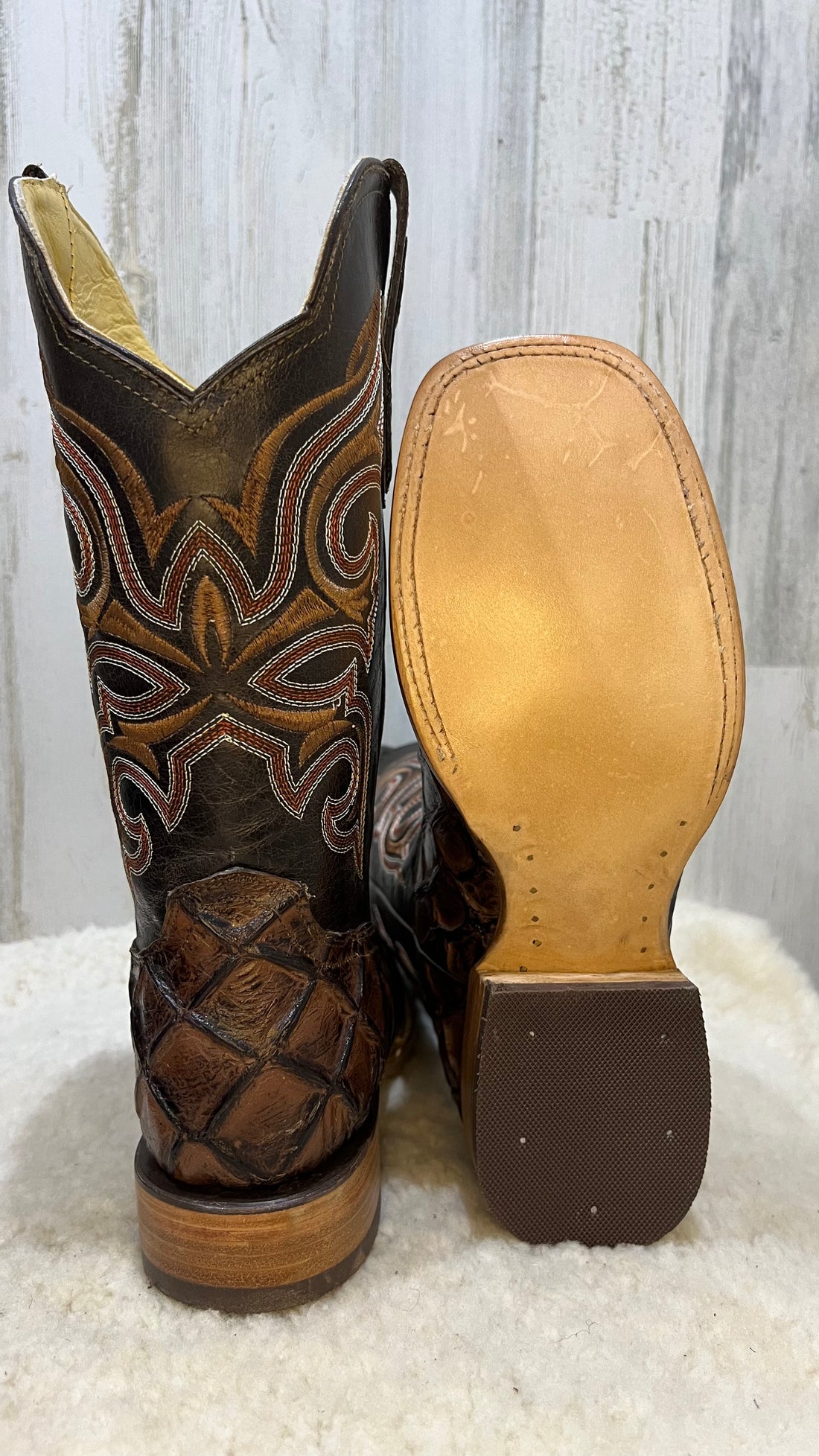 MON Brown Pirarucu Bulldog Toe Print Cowboy Boots