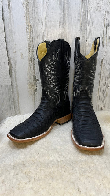 MON Black Jumbo Python Bulldog Toe Print Cowboy Boots