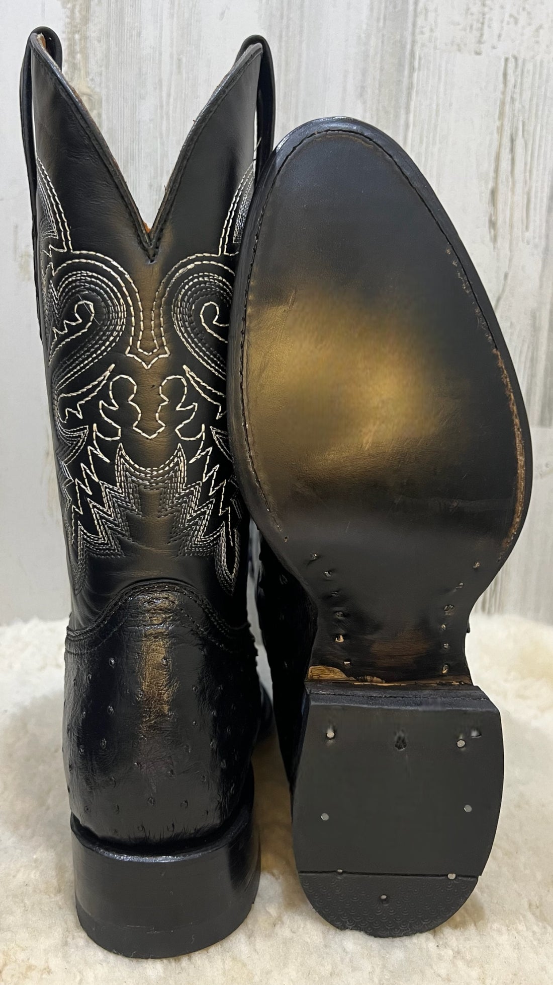 JW Black Ostrich Oval Toe Exotic Cowboy Boots