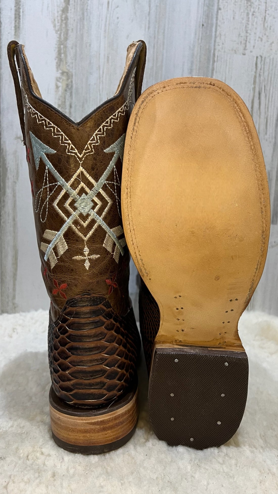 MON Brown Python Bulldog Toe Print Cowboy Boots