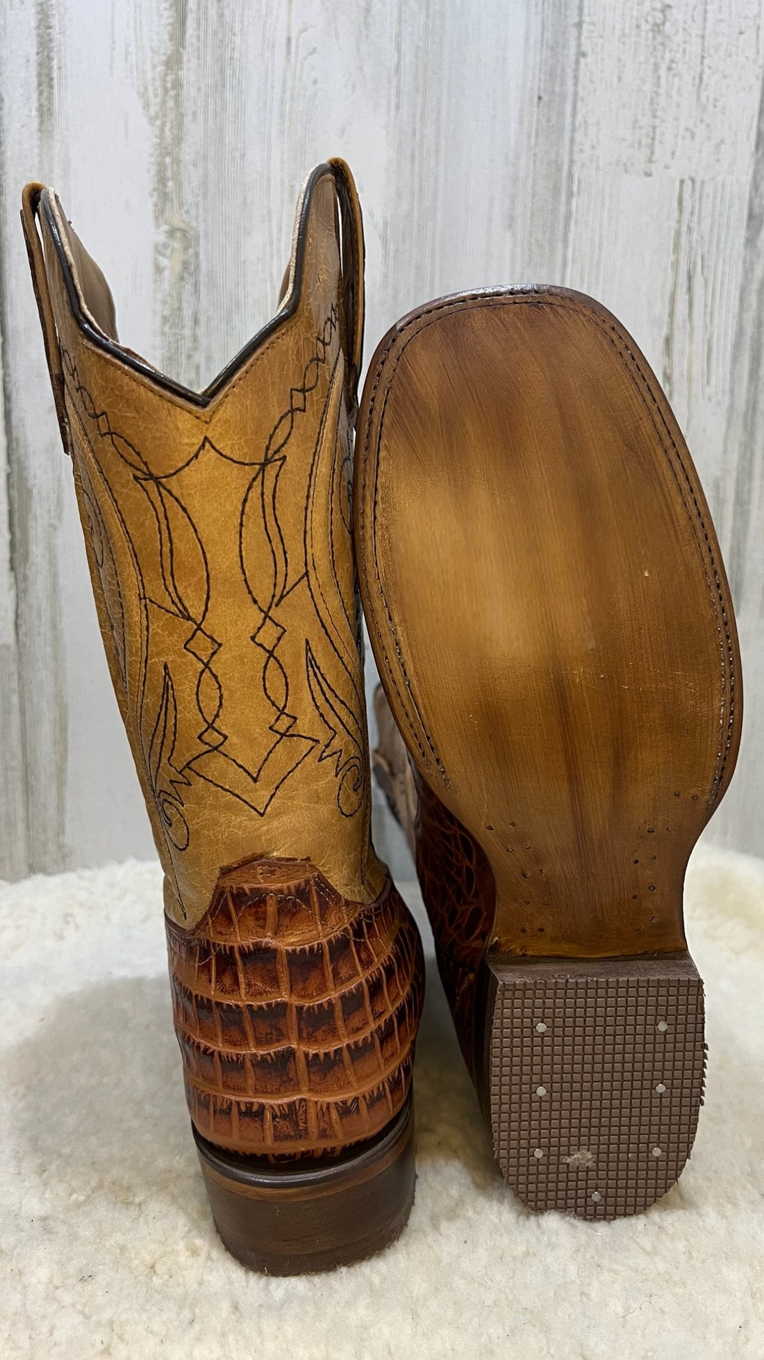 MON Shedron Caiman Belly Bulldog Toe Print Cowboy Boots