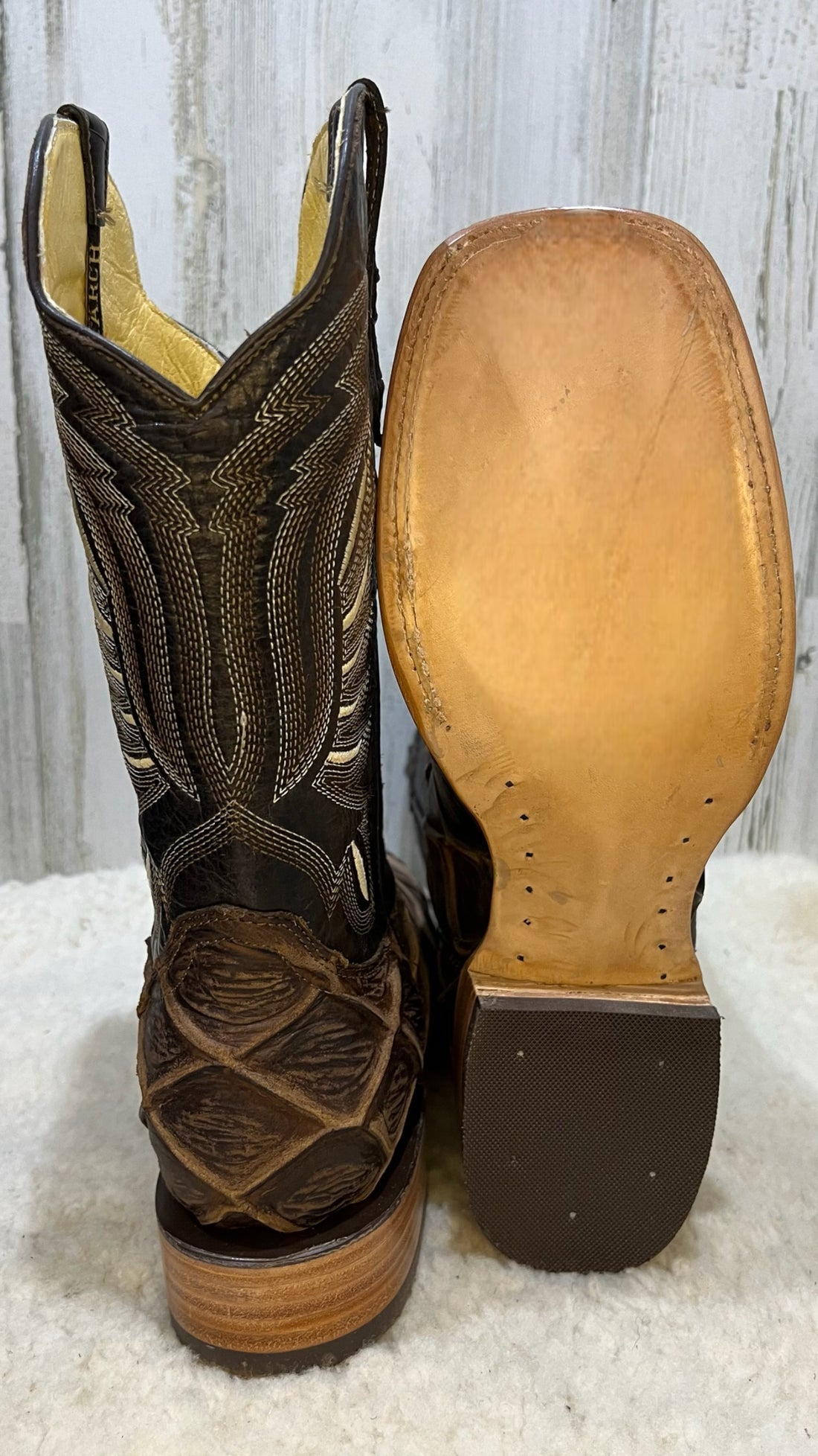 MON Brown Nobuck Pirarucu Bulldog Toe Print Cowboy Boots