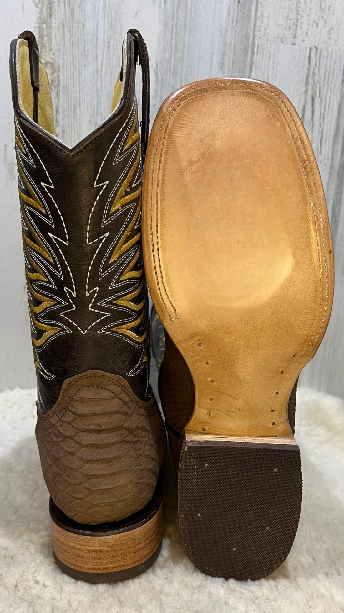 MON Light Brown Python Bulldog Toe Print Cowboy Boots